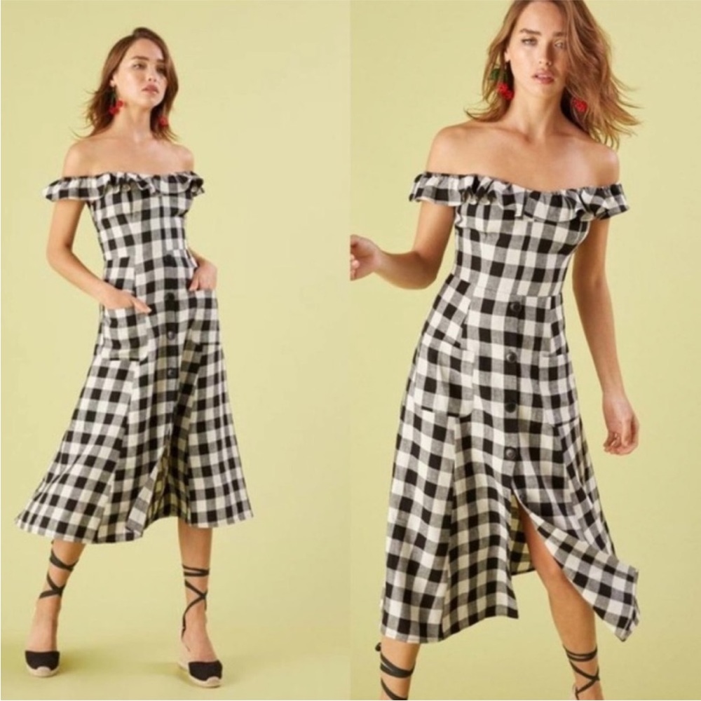 Reformation Hattie Off the Shoulder 100% Linen Dress in Gingham Print 4
